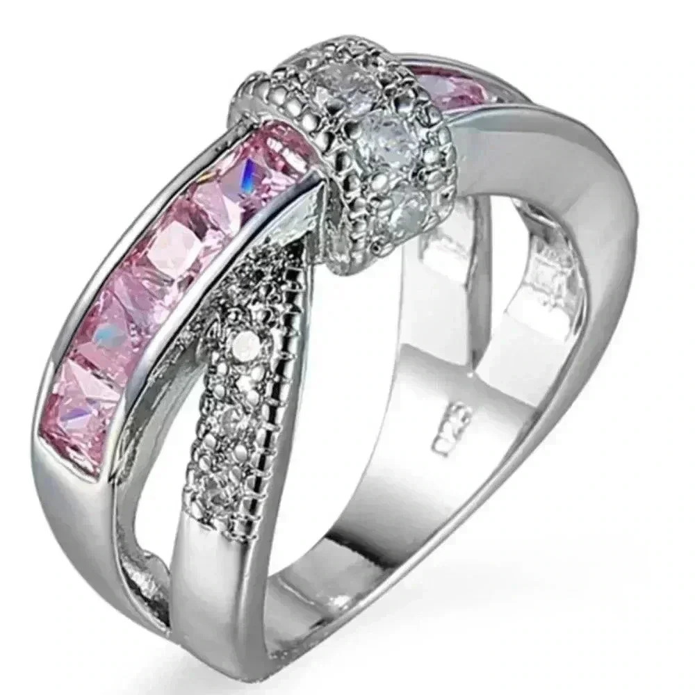 🍁925 Silver Plated Antique Pink CZ Punk Party Cocktail Ring, GPMB1404